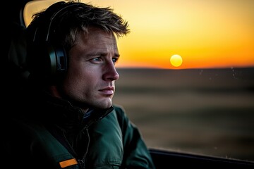Man gazing at sunset while wearing headphones in a tranquil outdoor setting during the evening