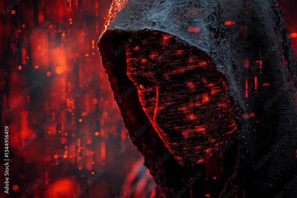 Poster hacker with a digital face in a cybernetic environment illuminated by red tones