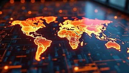 Holographic display shows global earth map, real-time news, data across regions. Interactive digital info graphics, tech elements, futuristic cyberspace flows. Worldwide connectivity, networking,