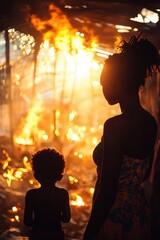 Mother and child watch helplessly as fire engulfs their home at sunset in a rural area