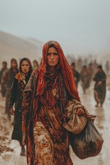 Women walking through muddy terrain while carrying belongings during a difficult journey in a remote area