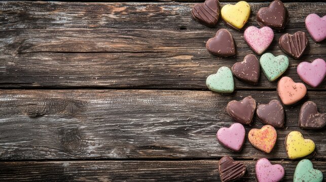 A collection of colorful heart-shaped chocolates is artfully arranged on a rustic wooden surface, perfect for celebrating love, Valentine's Day promotions, or sweet treat advertisements,