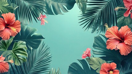 Exotic Tropical Summer Background with Palm Leaves and Flowers