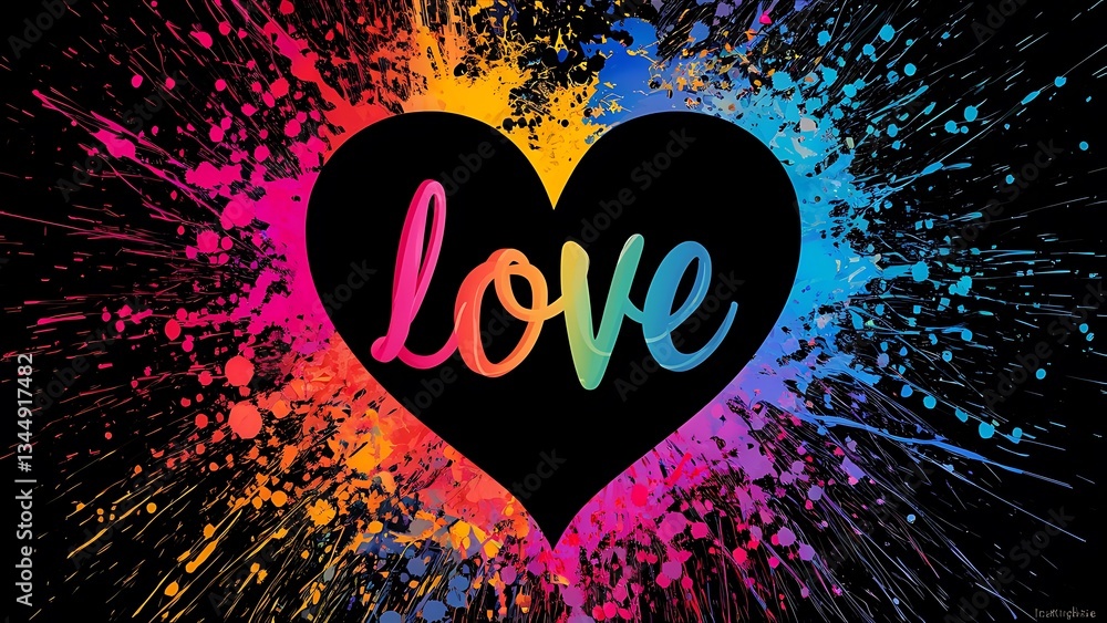 Poster a vibrant and colorful splatter pattern surrounding a black heart shape. the word 'love' is written 