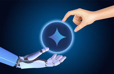 Artificial intelligence and people, interaction of the future, technical progress, robotic hand. New network