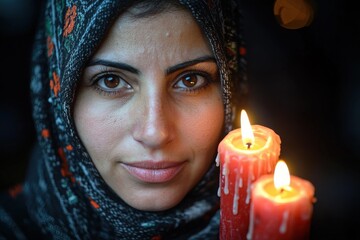 Woman holding red candles in a dimly lit setting with a warm ambiance