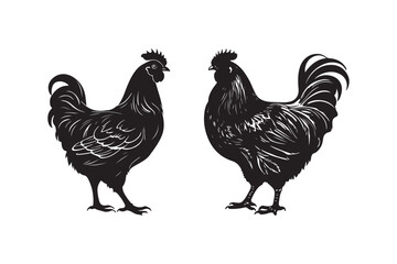 Black Silhouette Chicken Vector Rooster and Hen Clipart Farm Poultry Illustration