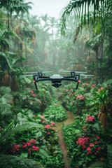 Drone flying over lush tropical garden with vibrant flowers amid dense foliage in misty atmosphere