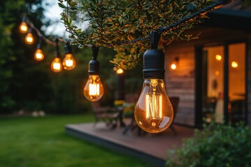 Warm string lights illuminate a cozy backyard during a summer evening gathering