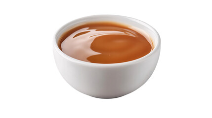 Creamy caramel sauce in white bowl isolated on transparent background --ar 16:9