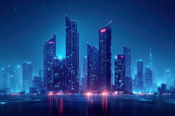 Stunning modern skyline at night with illuminated skyscrapers and vibrant blue lights