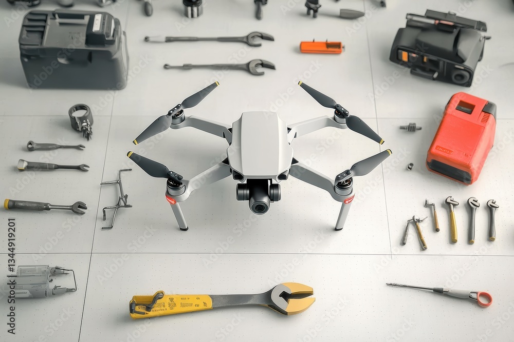 Poster graphic layout showcasing a drone and various tools for advertising purposes in a workshop setting