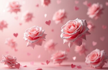 Pink roses, heart confetti fly on smooth pastel rose color background. Floral seamless pattern design, romantic mood. Vibrant greeting card, banner for wedding, Valentine day, love celebration,