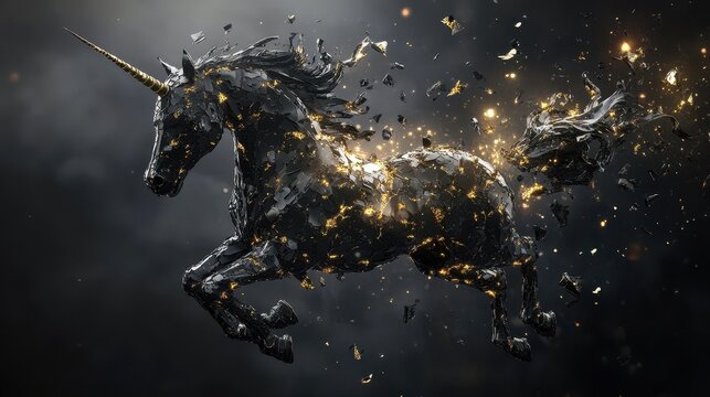 A black and gold unicorn is disintegrating in particles
