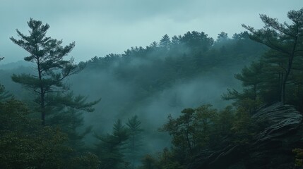 Misty Forest Landscape with Pine Trees and Fog in Hazy Mountain Environment