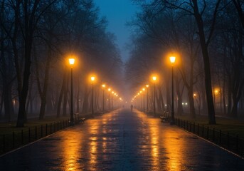 Atmospheric City Park at Dusk with Vintage Streetlamps Wet Pavement Misty Background and Golden Glow