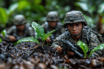 Soldier action figure crouching among greenery with soldiers in background during a simulated combat scenario
