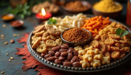 Obraz premium Festive platter with Indian snacks, sweets for Lohri. Makar Sankranti, Pongal, Diwali harvest festival. Variety of crunchy traditional snack food from Tamil Nadu winter folk festival Punjab India