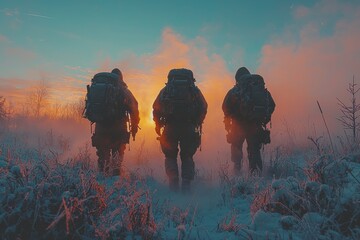 Soldiers walk through snowy terrain at sunrise in a winter landscape shrouded in mist and frost