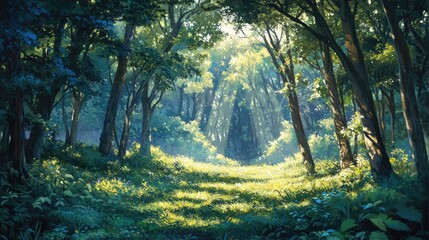 Fototapeta premium Lush Forest Pathway Surrounded by Sunlight and Greenery in a Vibrant Natural Landscape