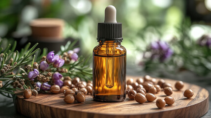 Essential oil dropper bottle surrounded by organic rosemary, lavender flowers and wooden seeds on wooden board. Natural aromatherapy and skincare ingredients for wellness and holistic spa treatment