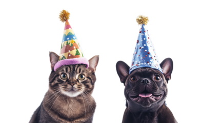 Dog and cat wearing festive hats isolated on white background --ar 16:9