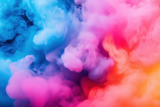 A dramatic action shot of billowing plumes of pink, blue, and orange dense smoke swirling in the air, set against a minimal background.
