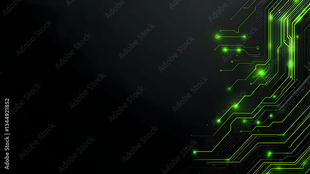 Poster abstract circuit pattern with bright green lines on dark background