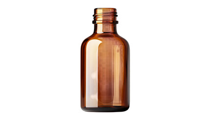 Empty amber glass bottle without cap for pharmaceutical or cosmetic use, isolated on transparent background --ar 16:9