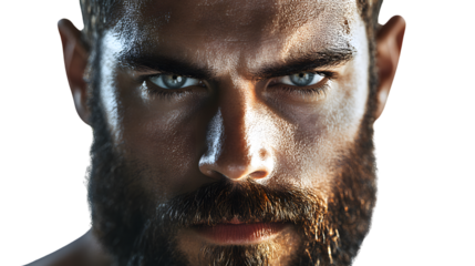 Closeup portrait of a man with a beard intense gaze and highlighted facial features