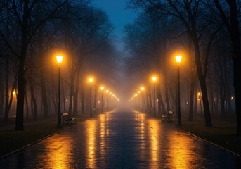 Atmospheric City Park at Dusk with Vintage Streetlamps Wet Pavement Misty Background and Golden Glow