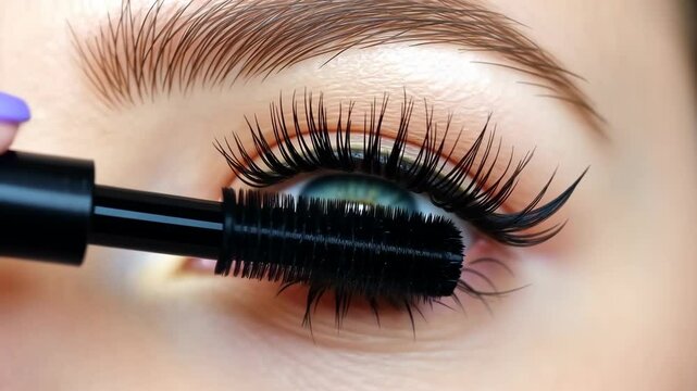 Close Up of Woman Applying Mascara to Blue Eyes Detailed View of Eyelash Enhancement Process