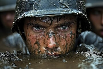 Soldier immersed in muddy terrain, showcasing resilience and determination in challenging conditions