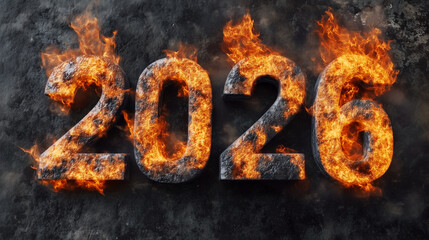 Cyfry "2026" wykonane z metalu lub kamienia, płonące jasnym ogniem. To symbol intensywnych, być może trudnych wydarzeń.