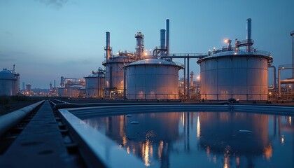 Modern plant for wastewater treatment at chemical factory at dusk. Water purification reservoirs, storage tanks. Water recycling, environmental conservation concept. Sewage treatment of industrial