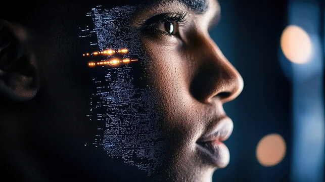 Person with digital face art