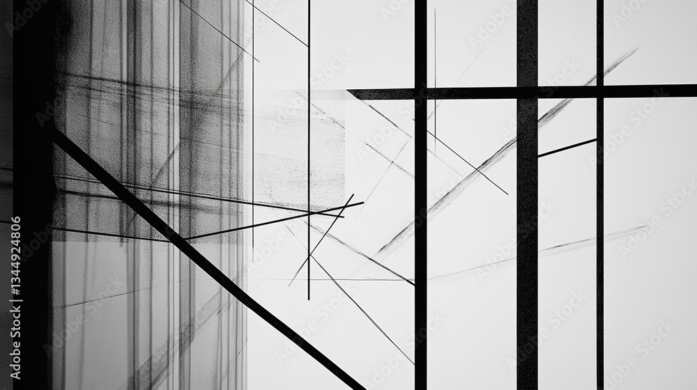 Poster abstract composition of intersecting lines and shapes in monochrome, creating a modern artistic visu