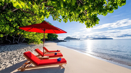 Tropical beach scene with red umbrellas