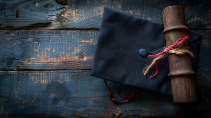 Graduation cap diploma on a wooden surface elegant academic background with negative space