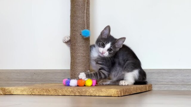 Small kitten with grey and white fur plays a blue pom-pom hanging from a scratching post wrapped in rope. Curious and attentive gaze towards the toy highlighting a common playful behavior in cats
