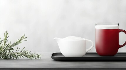  A cup of coffee & milk on a tray, garnished with pine needles