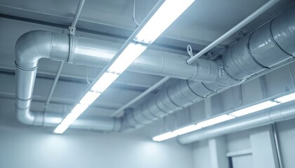 Modern industrial interior features fluorescent lighting, ventilation system. White ceiling with tubes, ducts, pipes. Commercial building design with electric fixtures, metalwork. Technology