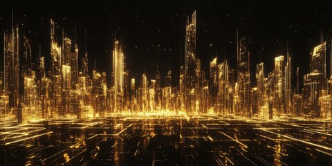 Fototapeta premium A futuristic golden city with illuminated buildings and details