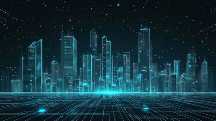 Futuristic digital city skyline, glowing lines, technology background, graphic design, stock image