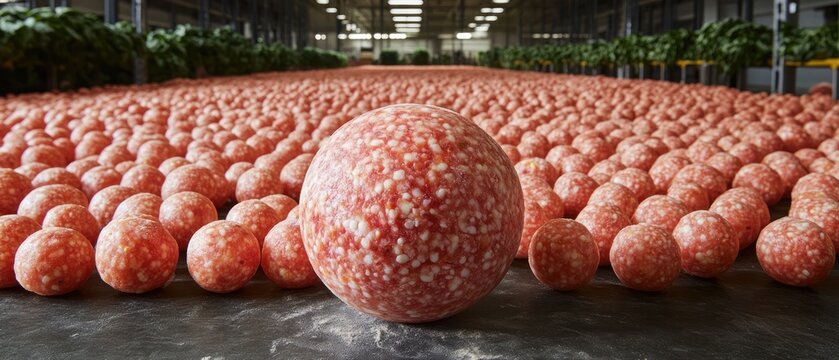 Many round meat spheres arranged with green plants in background