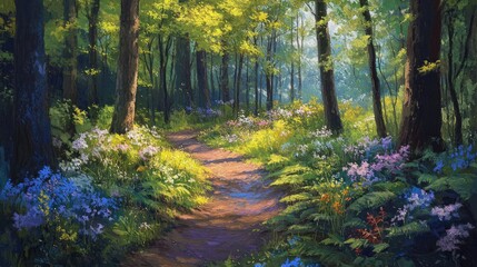 Obraz premium Serene Forest Pathway with Vibrant Greenery and Colorful Wildflowers Under Sunny Skies