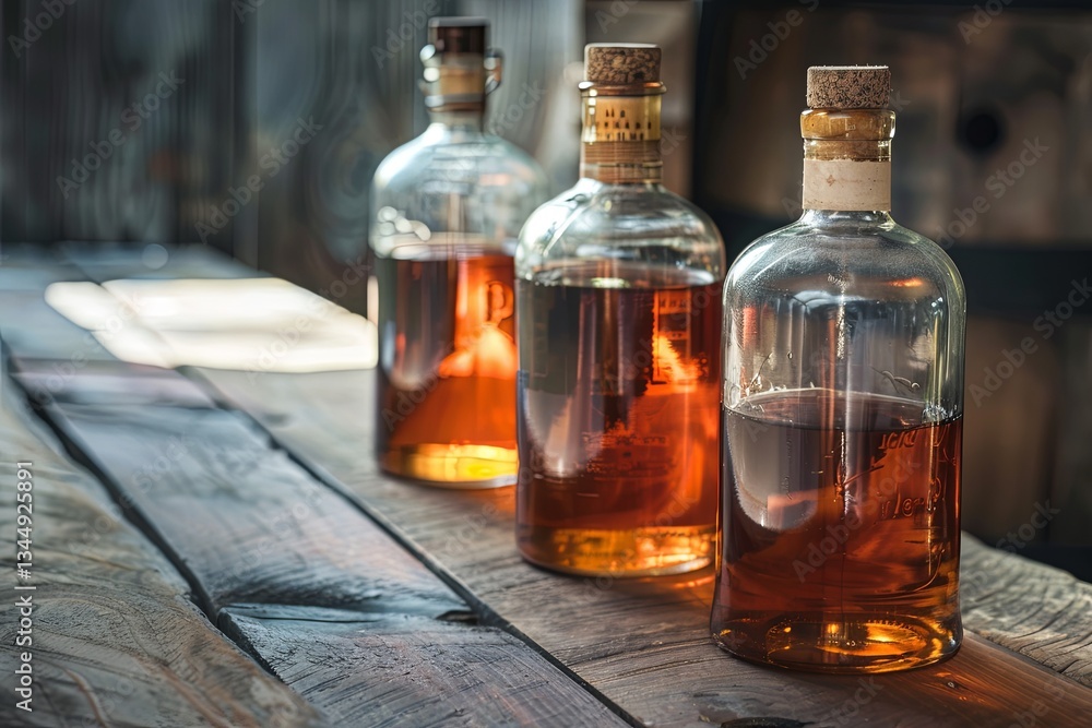 Poster vintage bottles of strong alcohol on a rustic wooden table showcasing collectible beverages perfect 