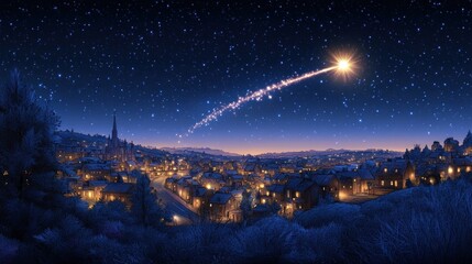 Naklejka premium A brightly lit star streaks across the night sky above a town