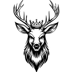 Fototapeta premium Monochrome Graphic of a Crowned Stag Head with Prominent Antlers