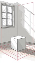 An interior sketch of a room corner with cube and window